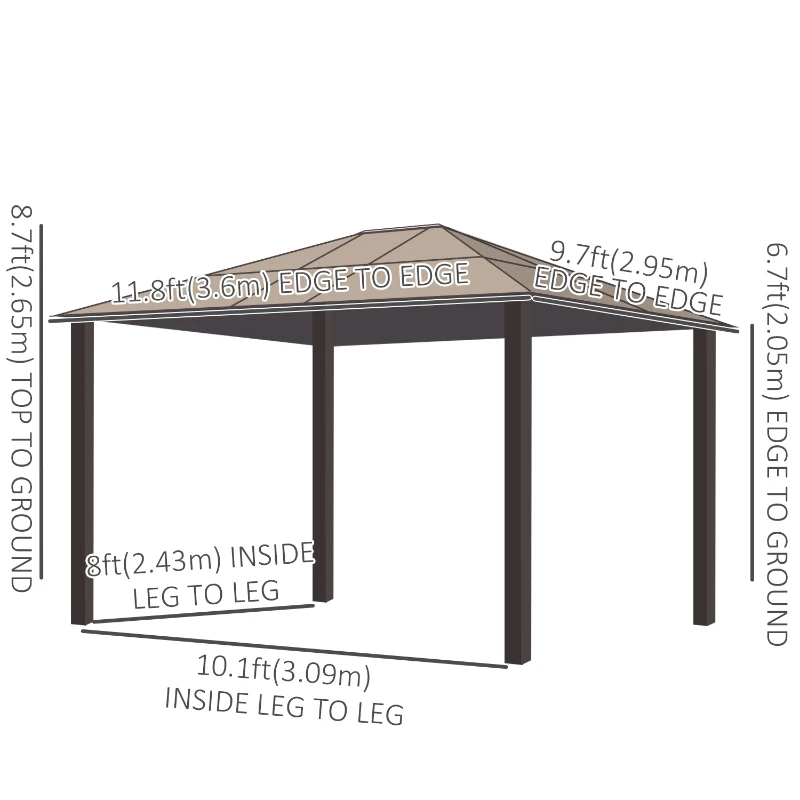 Outsunny 10' x 12' Hardtop Gazebo Canopy with Polycarbonate Roof, Aluminum Frame, Netting, Curtains and Ceiling Hook, Brown