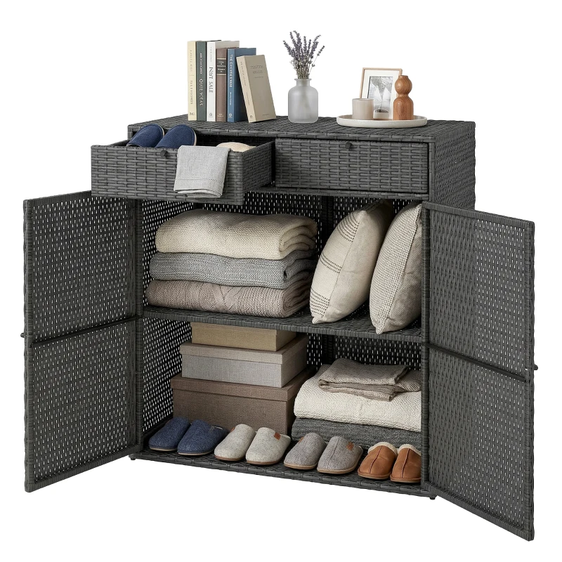 Outsunny Wicker Outdoor Storage Cabinet with 2 Doors and Drawers, 2-Tier Shelf Rattan Patio Storage Cabinet, Dark Grey