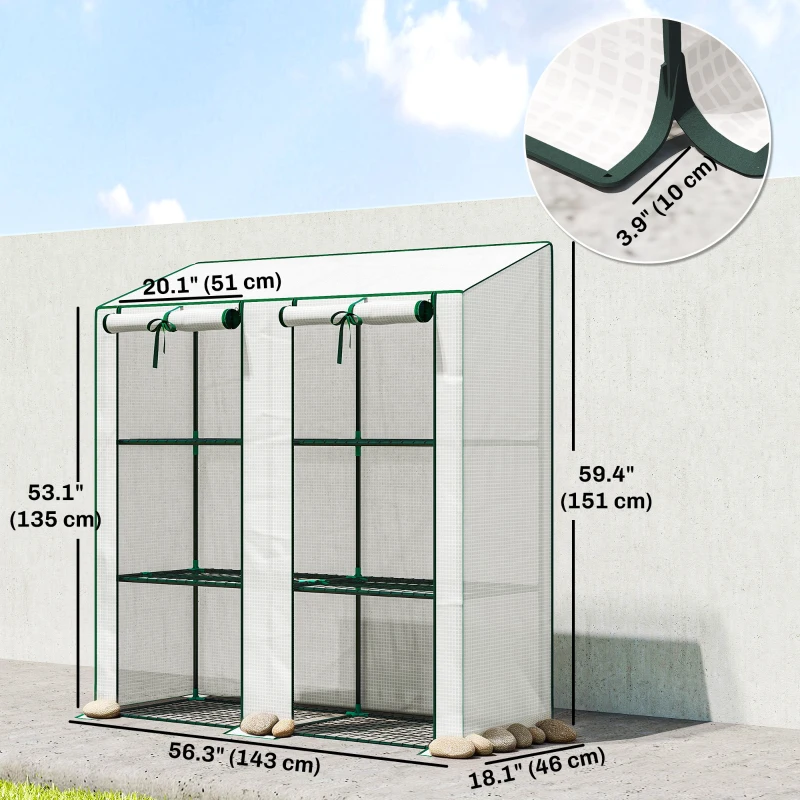 Outsunny Portable Mini Greenhouse Green House with 3 Tier Shelves, Reinforced PE Cover, Roll-up Doors, 56.3"x18.1"x59.4", White