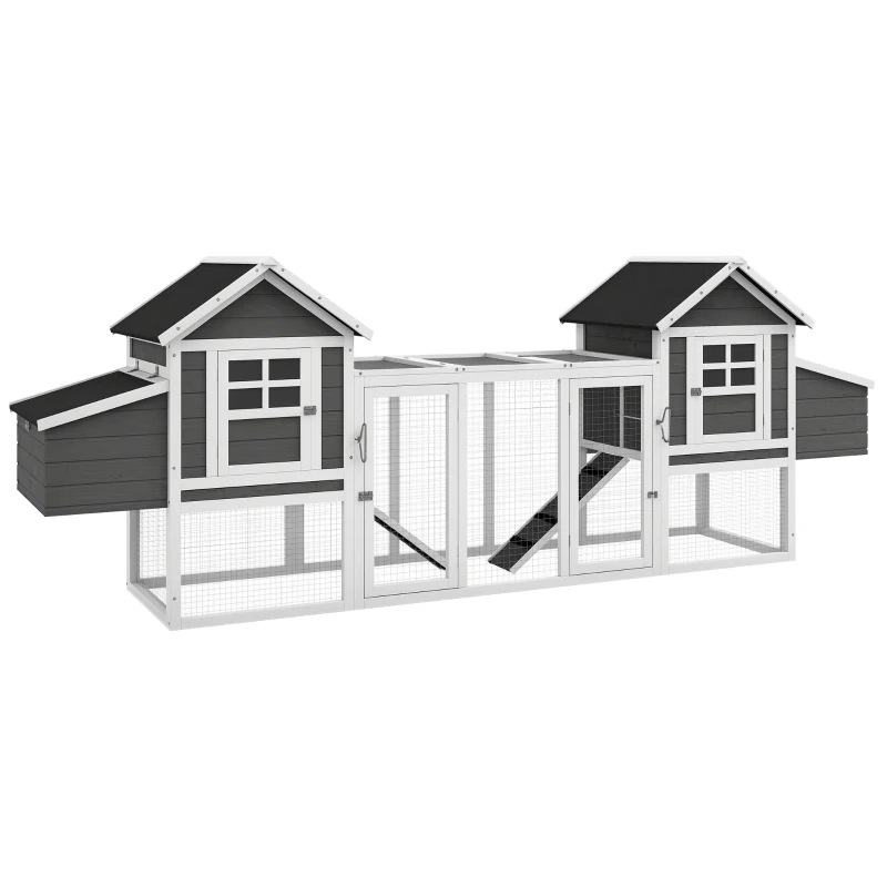 PawHut 123" Extra Large Chicken Coop Wooden Poultry House Rabbit Hutch Hen Backyard with Run Ramps and Nesting Boxes, Grey