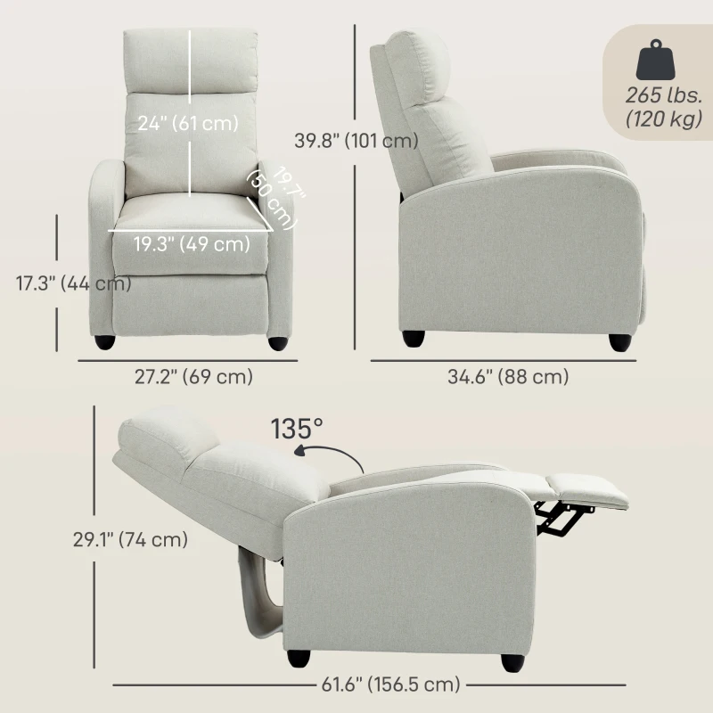 HOMCOM Fabric Recliner Chair Manual Home Theater Seating Single Reclining Sofa Chair with Padded Seat, Cream White