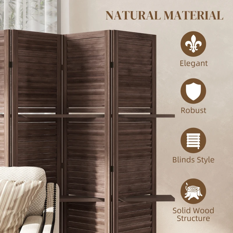 HOMCOM 5 Panel 67" Tall Wood Privacy Screen Room Divider with 3 Shelves and Folding Storage for Bedroom, Walnut
