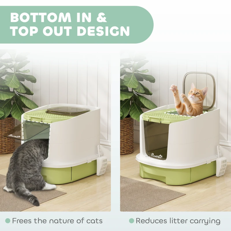 PawHut Enclosed Cat Litter Box with Lid, Scoop, Top Entry, Deodorization Bags, Drawer Type Cat Litter Tray, Easy to Clean, Green