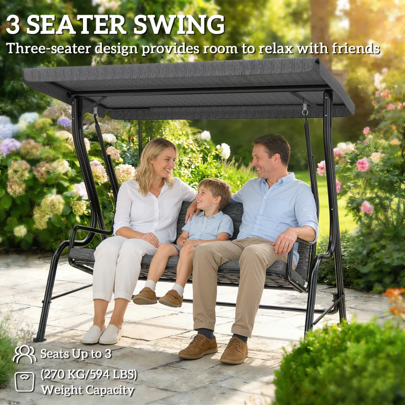 Outsunny 3-Person Porch Swing Chair, Patio Swing Bench with Adjustable Canopy, Removable Thicken Cushion, Black