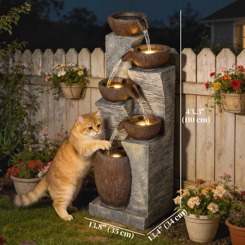 Outsunny Outdoor Cascading Rock Water Fountain, 5-Tier Waterfall Feature with LED Lights, Adjustable Flow, Grey and Rustic Brown