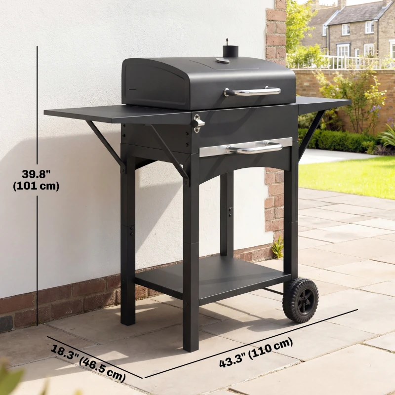 Outsunny Charcoal Grill with 2 Side Tables, Barbecue Grill with Thermometer and Warming Rack, Wheels, 43.3"x18.3"x39.8", Black