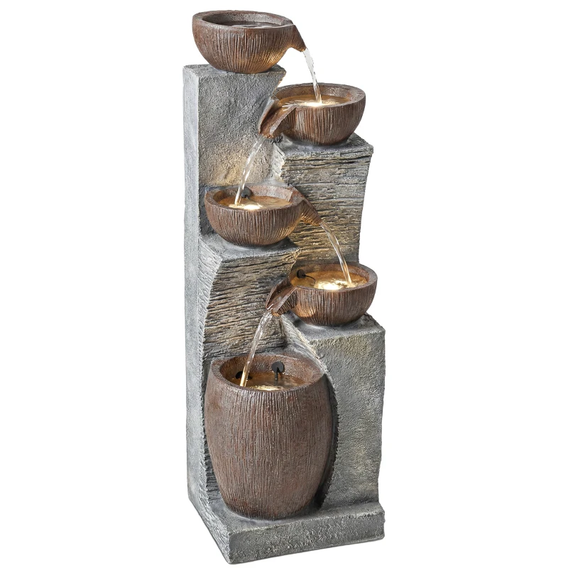 Outsunny Outdoor Cascading Rock Water Fountain, 5-Tier Waterfall Feature with LED Lights, Adjustable Flow, Grey and Rustic Brown