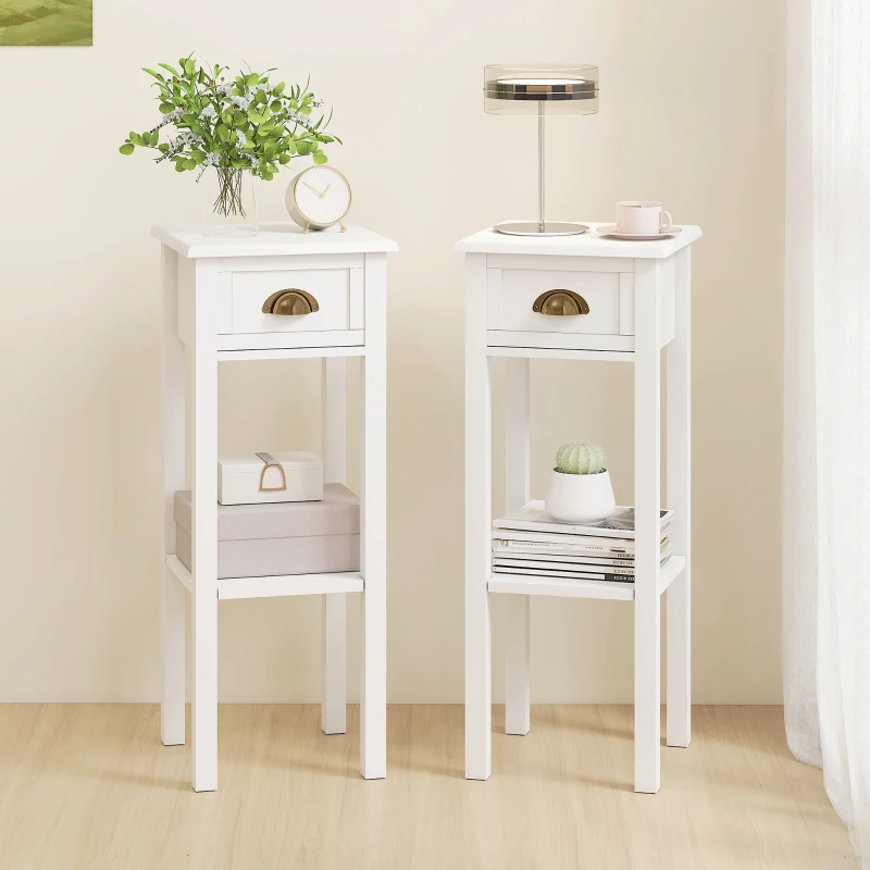 HOMCOM 2-Tier Side Tables Set of 2 with Drawer and Shelf, 2 Pieces End Tables for Living Room and Hallway, White