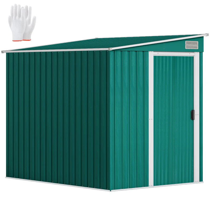 Outsunny 5'x7' Lean to Galvanized Metal Shed with Foundation, Garden Tool Storage House with Sliding Door and 2 Vents, Green