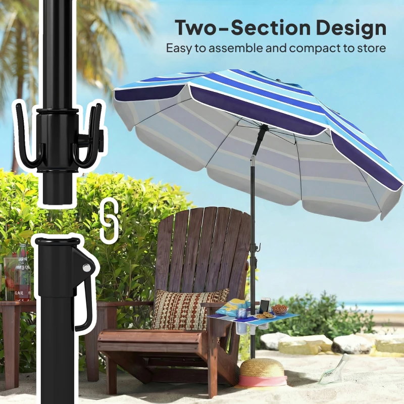 Outsunny Beach Umbrella Adjustable Tilt Sunshade with Foldable Table Cup Holder 78" Multicolor