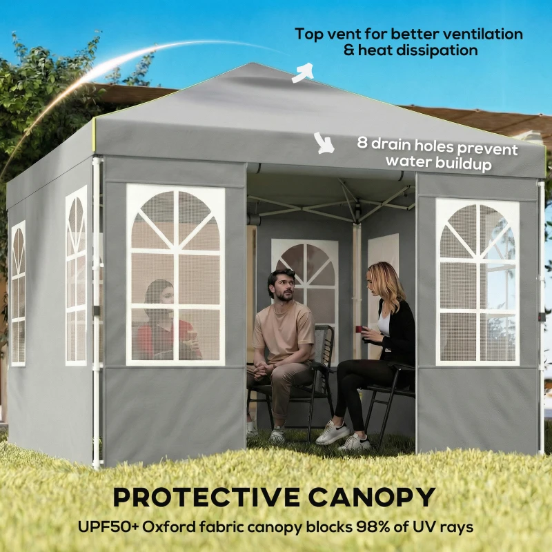Outsunny 9.6 x 9.6 ft Pop Up Canopy Tent with 4 Sidewalls, UPF 50+ 1-Button Push Easy Setup Outdoor Instant Canopy, Light Grey