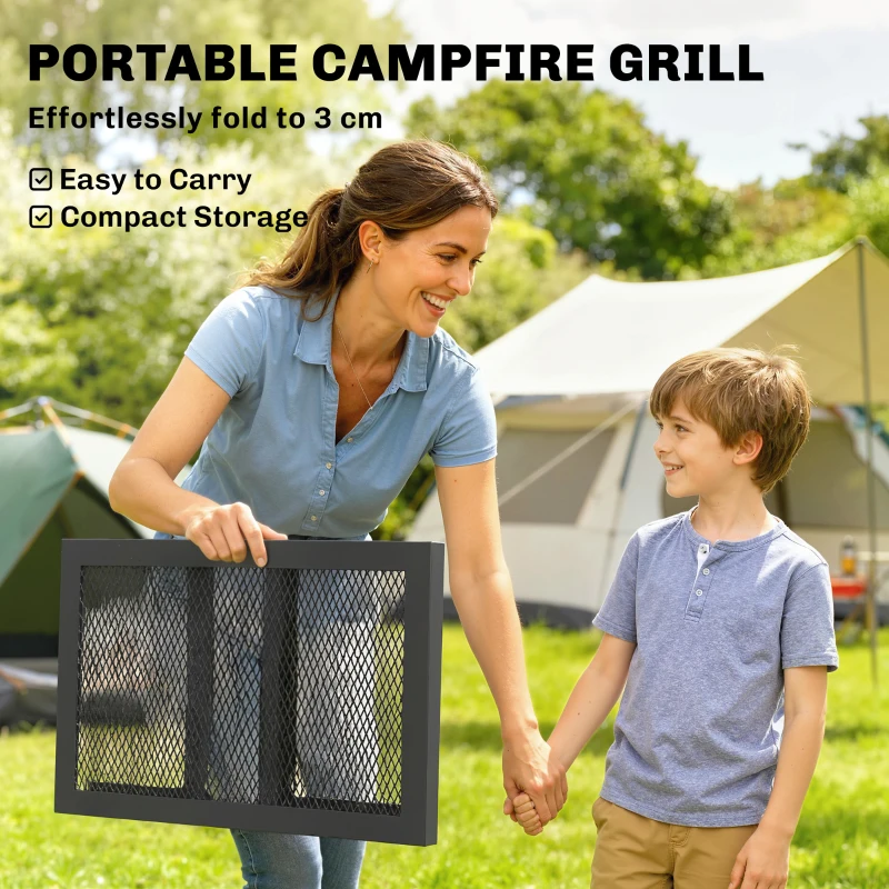 Outsunny Folding Campfire Grill, 22" x 12" Heavy Duty Carbon Steel Grill Grate with Folding Legs, Black