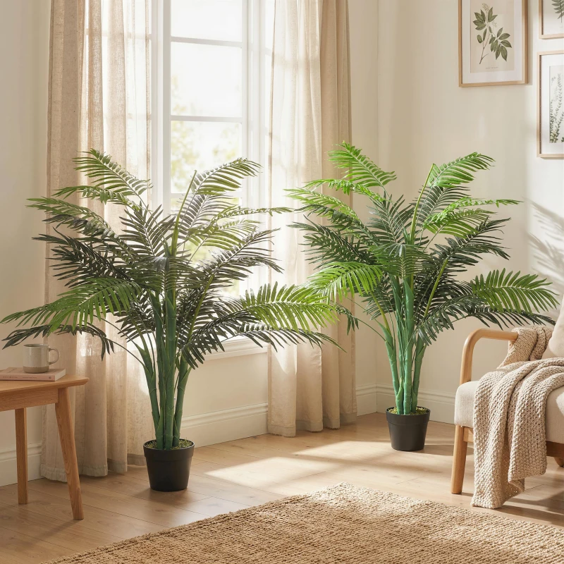 Outsunny 4FT Artificial Palm Tree Set of 2, Fake Tropical Tree with Lifelike Leaves, Faux Plant in Pot for Indoor Decoration, Green