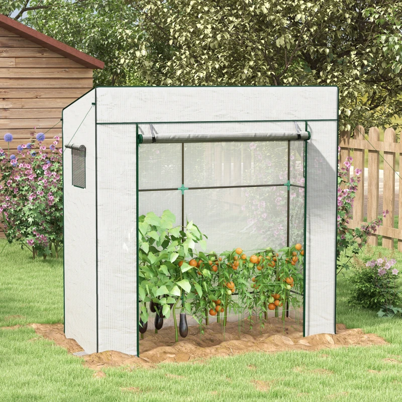 Outsunny Walk-in Tomato Greenhouse Lean-to Green House with Reinforced PE Cover, Roll-up Door, Mesh Windows, White