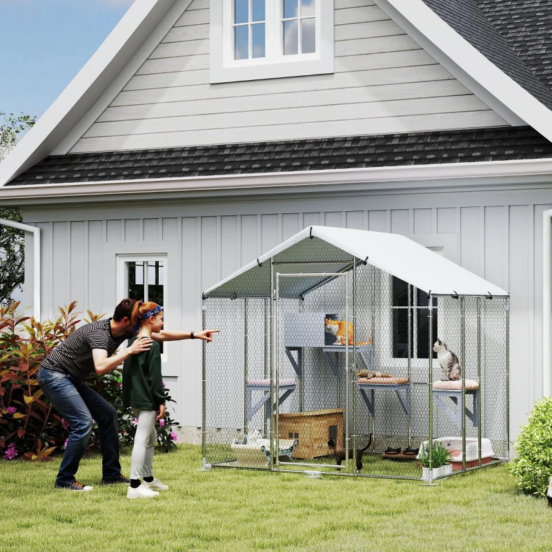PawHut 79" Extra Large Metal Outdoor Catio with Waterproof Cover, Resting Box, 4 Platforms, for Multiple Rabbits, Chicken