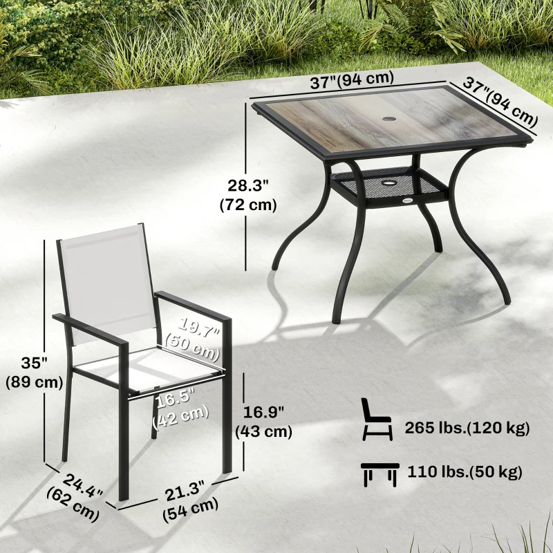 Outsunny 5 Piece Outdoor Patio Dining Set, Dining Table and 4 Stackable Chairs with Umbrella Hole, Shelf