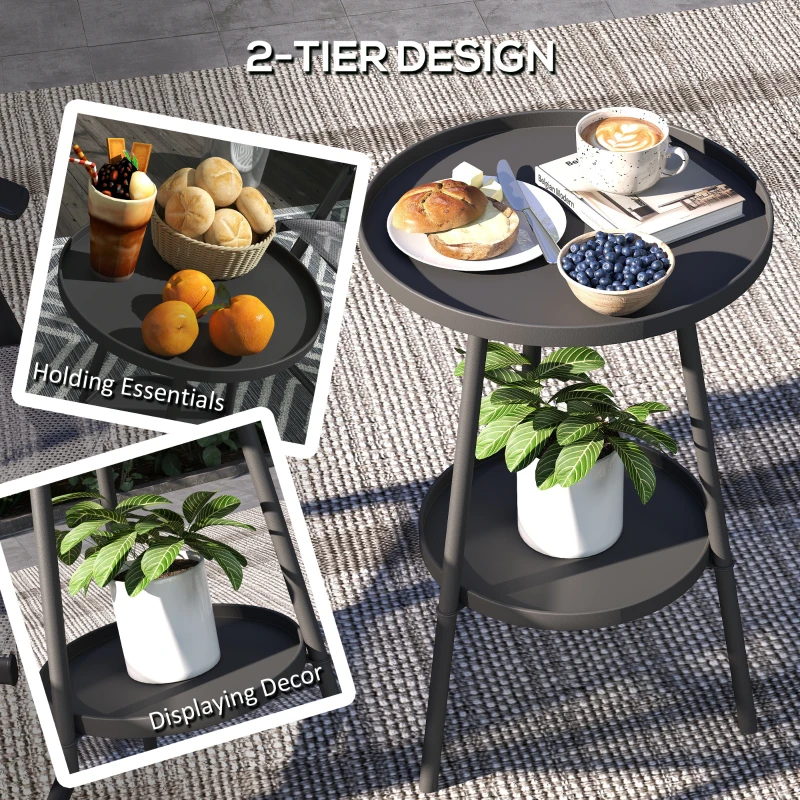 Outsunny Round Garden Table, 2-Tier Small Side Table, Metal Patio Table Coffee Table Dining Table, Black