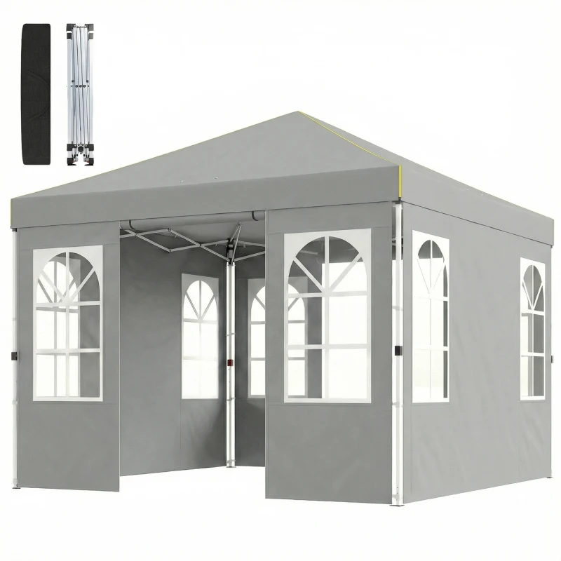 Outsunny 9.6 x 9.6 ft Pop Up Canopy Tent with 4 Sidewalls, UPF 50+ 1-Button Push Easy Setup Outdoor Instant Canopy, Light Grey