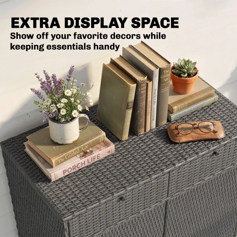 Outsunny Wicker Outdoor Storage Cabinet with 2 Doors and Drawers, 2-Tier Shelf Rattan Patio Storage Cabinet, Dark Grey