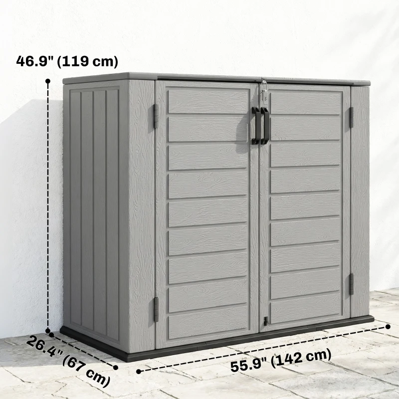 Outsunny 33 Cu.ft Plastic Outdoor Storage Shed, Storage Cabinet Tool Box with Lockable Double Doors and Flip-Top Lid Light Grey