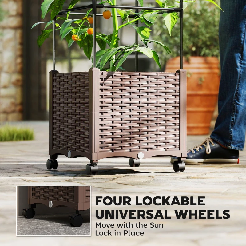 Outsunny Raised Garden Bed with Trellis, Tomato Cage with Lockable Wheels, Self Watering Planter Box with Drainage Holes, Brown