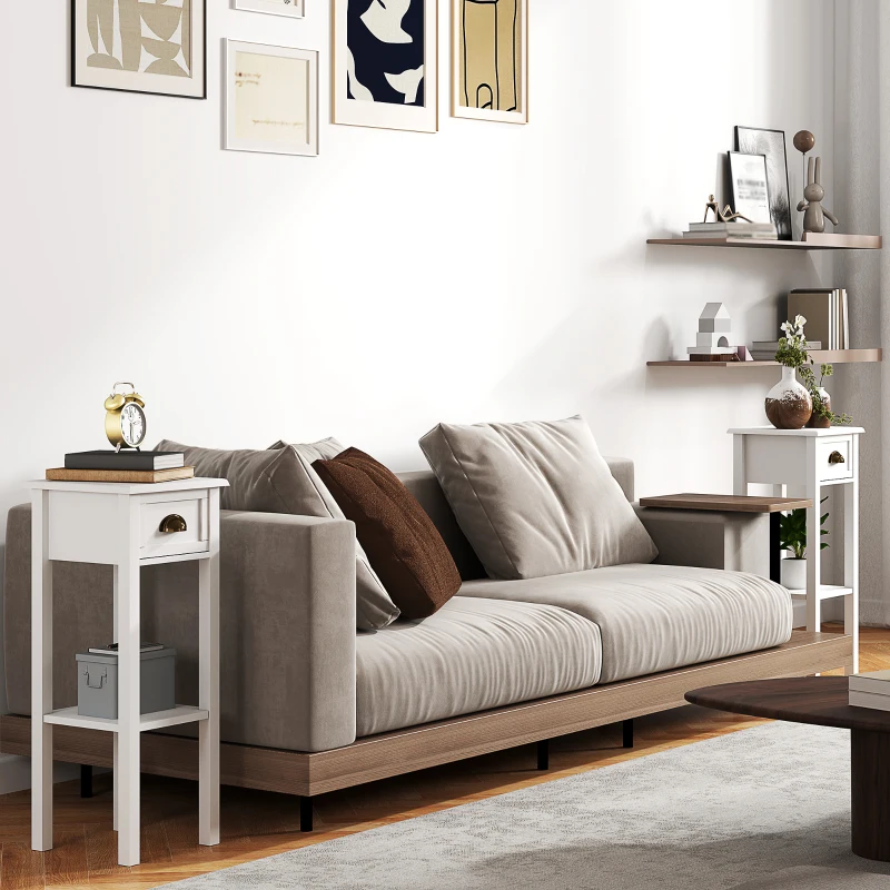 HOMCOM 2-Tier Side Tables Set of 2 with Drawer and Shelf, 2 Pieces End Tables for Living Room and Hallway, White