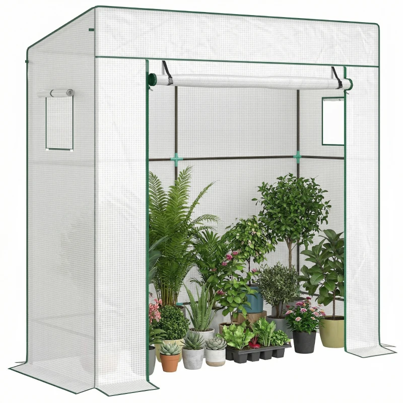 Outsunny Walk-in Tomato Greenhouse Lean-to Green House with Reinforced PE Cover, Roll-up Door, Mesh Windows, White