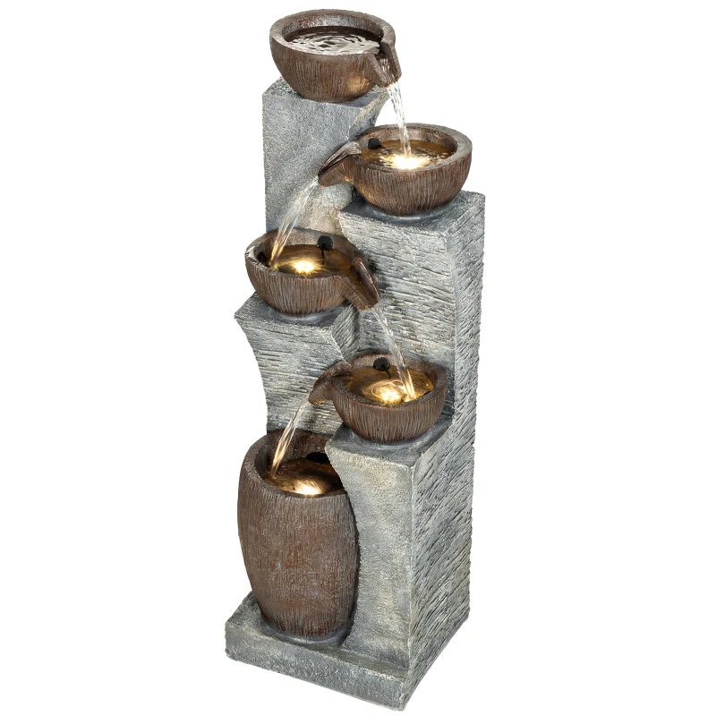 Outsunny Outdoor Cascading Rock Water Fountain, 5-Tier Waterfall Feature with LED Lights, Adjustable Flow, Grey and Rustic Brown