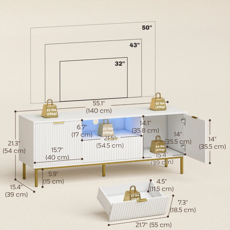 HOMCOM Modern TV Console for TVs up to 60 Inch, Entertainment Center with Smart RGB LED Lights and Soft Close Doors, White