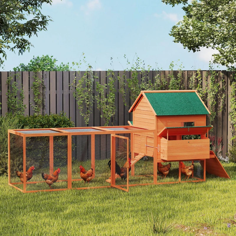 PawHut 137" Wooden Chicken Coop with Chicken Run, Nesting Box, Orange