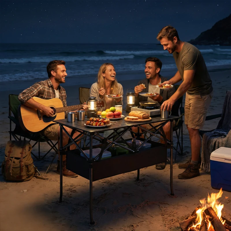 Outsunny 3ft Folding Camping Table, Picnic Table with Mesh Storage Net, Carrying Bag and Metal Frame, Black