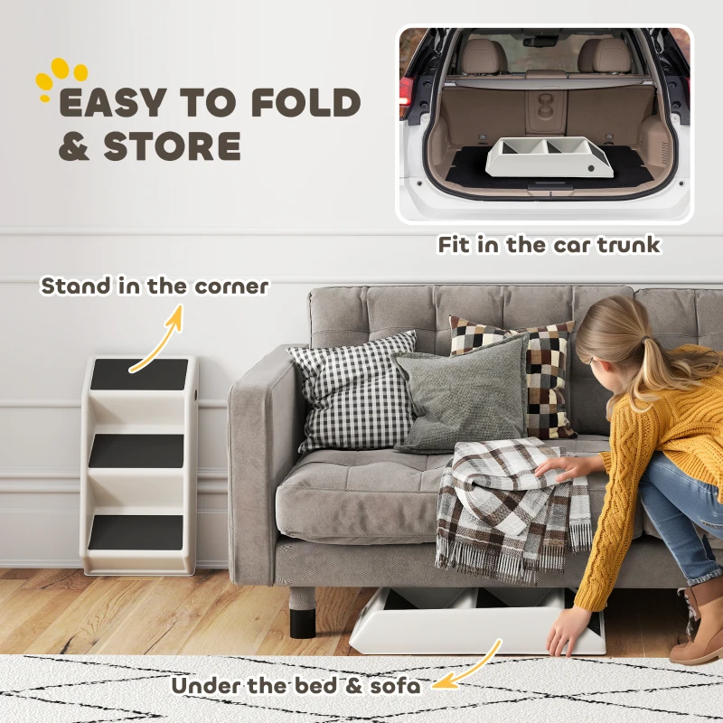 PawHut Dog Stairs for Small Dogs, 14.5" H Foldable Pet Ramp with 3 Non-Slip Steps for High Beds or Sofas