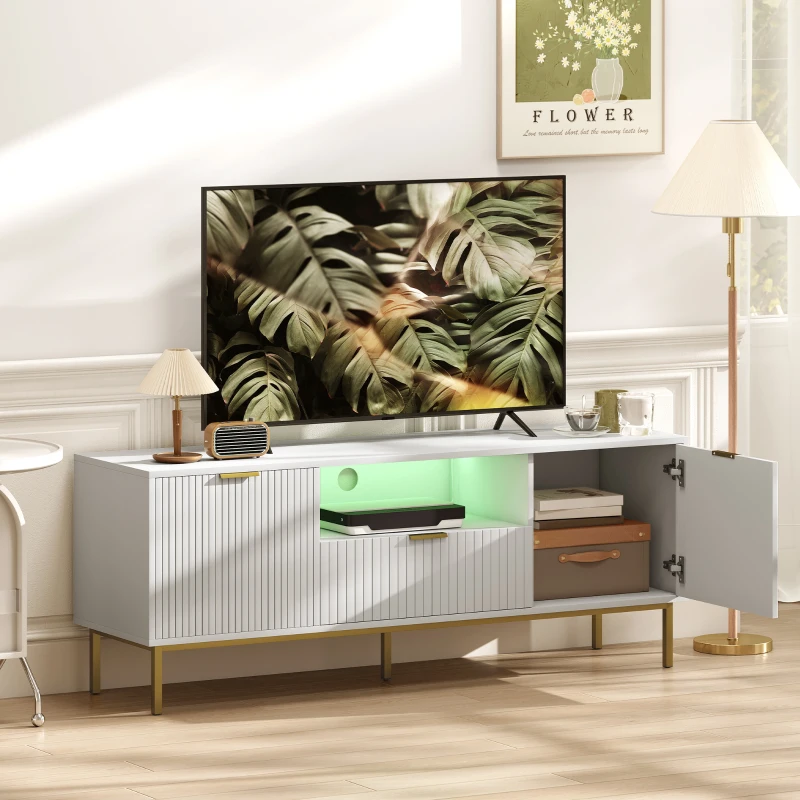 HOMCOM Modern TV Console for TVs up to 60 Inch, Entertainment Center with Smart RGB LED Lights and Soft Close Doors, White