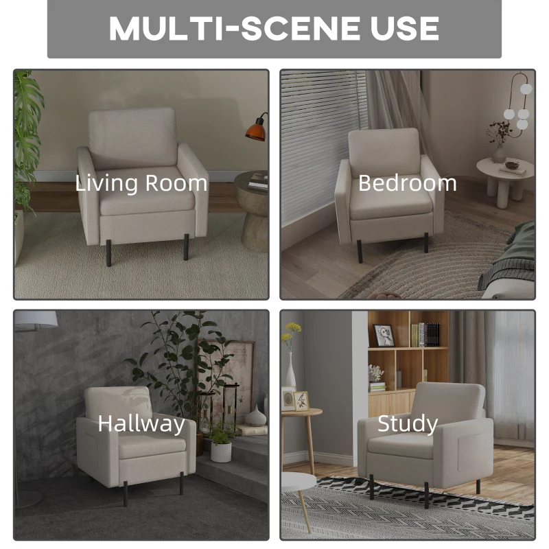 HOMCOM Armchair, Fabric Accent Chair, Modern Living Room Chair with Metal Legs, 2 Side Pockets for Bedroom, Cream