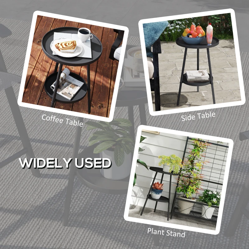 Outsunny Round Garden Table, 2-Tier Small Side Table, Metal Patio Table Coffee Table Dining Table, Black