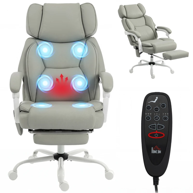 HOMCOM High Back Vibration Massage Office Chair Heated Reclining Computer Chair w/ Footrest, Swivel Wheels, Remote, Light Gray