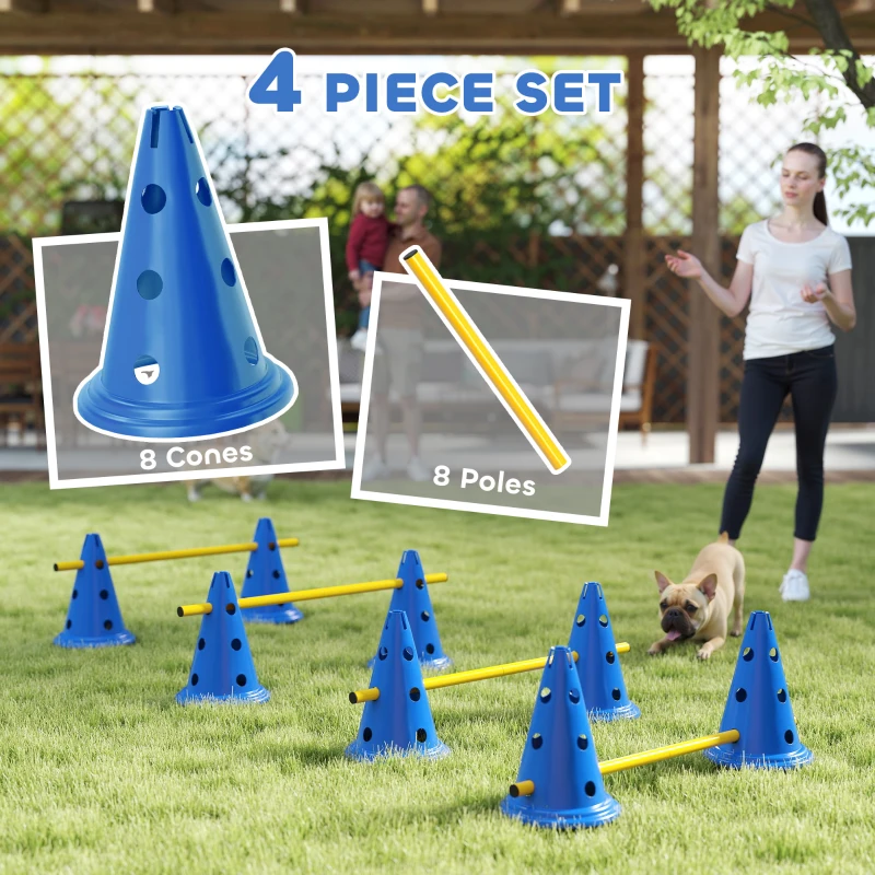 PawHut Dog Agility Hurdle Cone Set, Adjustable Obstacle Course Equipment with 8 Cones & 8 Poles, Carry Bag, Blue