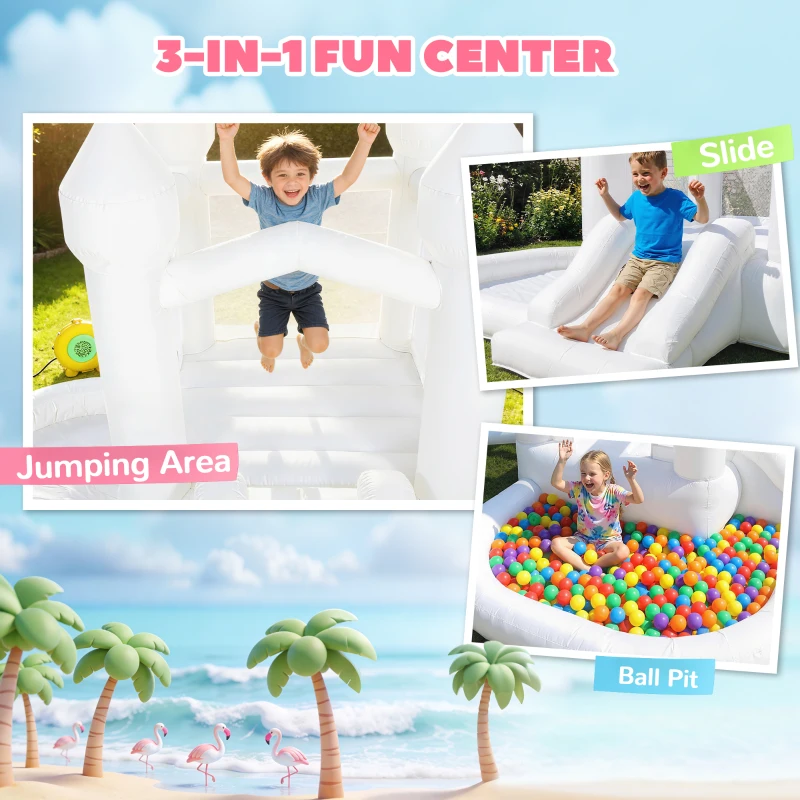 Qaba Inflatable Bounce House, 3-in-1 White Castle Bouncy House with Slide, Ball Pit and 370W Blower for Kids Ages 3-8, White
