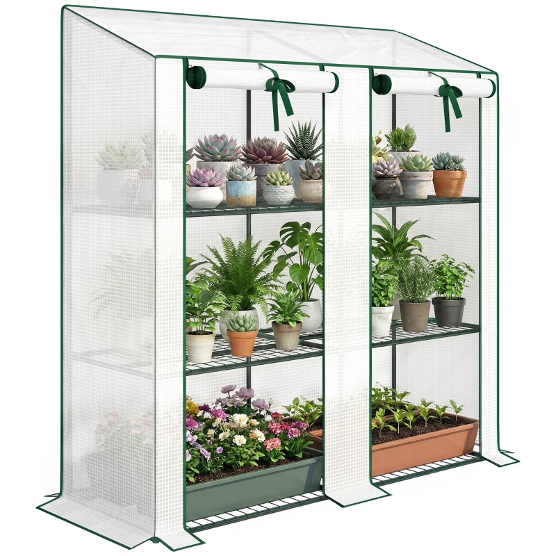 Outsunny Portable Mini Greenhouse Green House with 3 Tier Shelves, Reinforced PE Cover, Roll-up Doors, 56.3"x18.1"x59.4", White