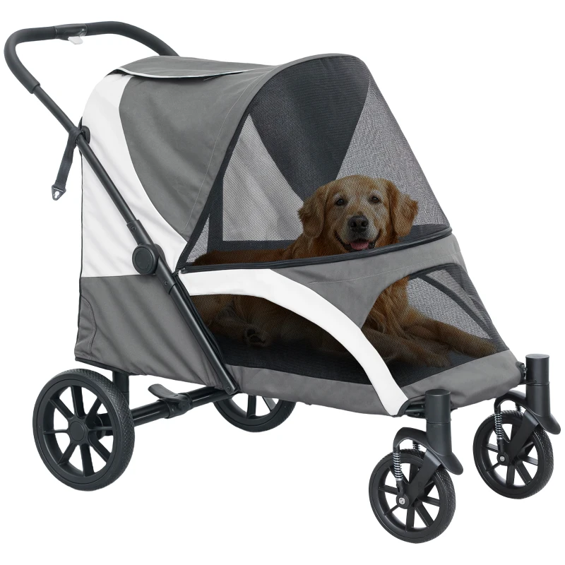 PawHut Foldable Pet Stroller for Large Dogs with Four Big Wheels, Shock-Absorbing Frame, Safety Leashes, Brakes, Dark Grey