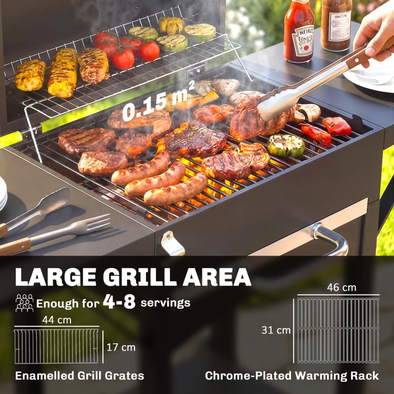Outsunny Charcoal Grill with 2 Side Tables, Barbecue Grill with Thermometer and Warming Rack, Wheels, 43.3"x18.3"x39.8", Black