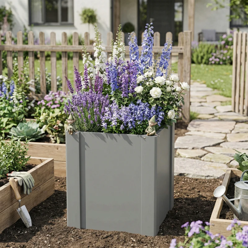 Outsunny Raised Garden Bed Galvanized Planter Box Outdoor with Gloves for Gardening Vegetables, Flower, Herb, 1.4 x 1.4 x 1.5 ft, Gray