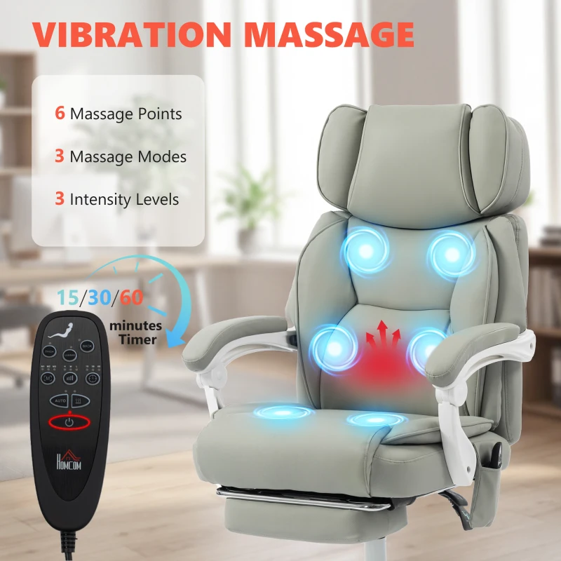 HOMCOM High Back Vibration Massage Office Chair Heated Reclining Computer Chair w/ Footrest, Swivel Wheels, Remote, Light Gray