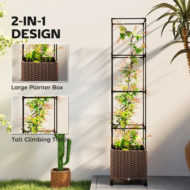 Outsunny Raised Garden Bed with Trellis, Tomato Cage with Lockable Wheels, Self Watering Planter Box with Drainage Holes, Brown