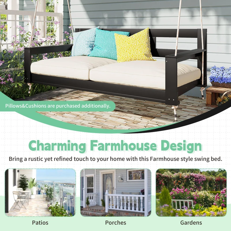 Twin Size Porch Swing Daybed with 4 Hanging Ropes and High Back, Acacia Wood Swing Bench for Garden, 82'' L x 40.5'' W x 27.5'' H, Black