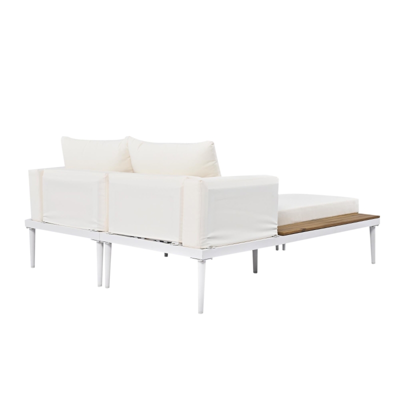 2 In 1 Outdoor Daybed with Wood Side Table for Patio, Convertible Padded Chaise Lounge with Adjustable Leg, 59" L x 55" W x 21" H, Beige