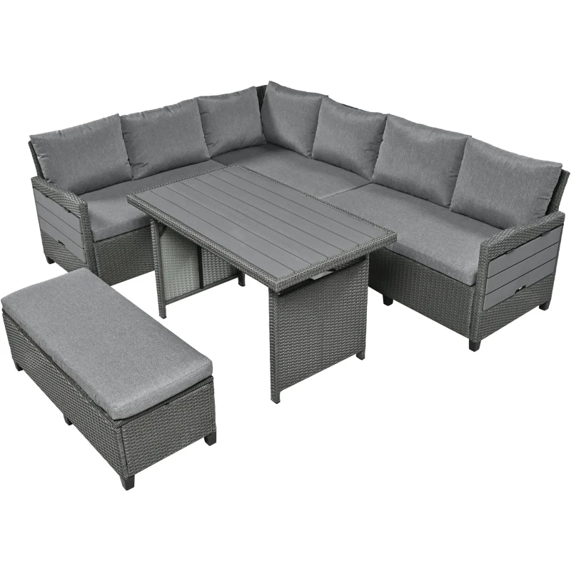 5-Piece Rattan Patio Sofa with Extendable Side Table & Dining Table, All-Weather Wicker Sectional for Garden, 47" L x 27.5" W x 27.5" H, Gray
