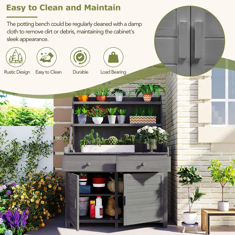 Fir Wood Potting Bench with Drawer & Cabinet for Garden, Outdoor Garden Workstation with Three-Tier Shelf, 47'' L x 23'' W x 65'' H, Gray