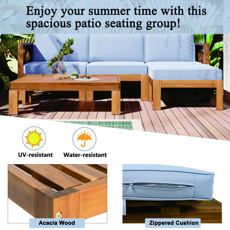 Casual Outdoor Sectional Sofa with Wood Frame & Cushions, Patio Seating Group for Backyard, 25.5" L x 25.5" W x 25.5" H, Natural+Gray