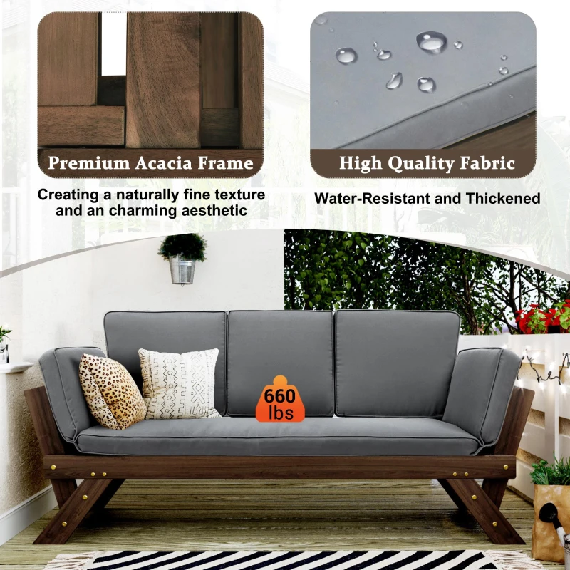 Expandable Acacia Wood Daybed with Cushions, Adjustable Patio Chaise Lounge for Compact Space, 78.5" L x 21.5" W x 32" H, Gray